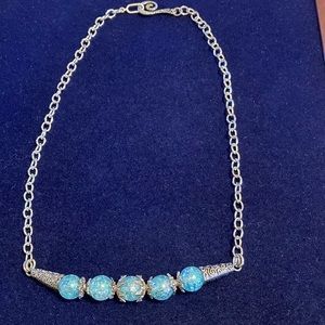 Silver tone bar necklace with aqua glittery looking beads
